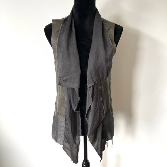 jakett…etc Jackets & Blazers - Jackett…etc Green Leather Brown Ribbed Cotton Panel Chiffon Drape Vest Size XS